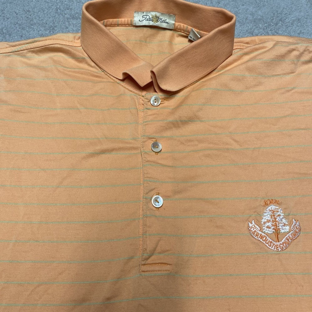 Peter Millar Carnoustie Golf Links Polo Mens XL Orange Cotton Striped Preppy